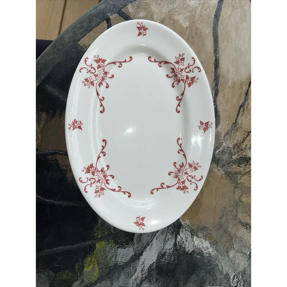 Vintage IROQUOIS China Burgundy Floral Scrolls OVAL Platter Restaurant Ware